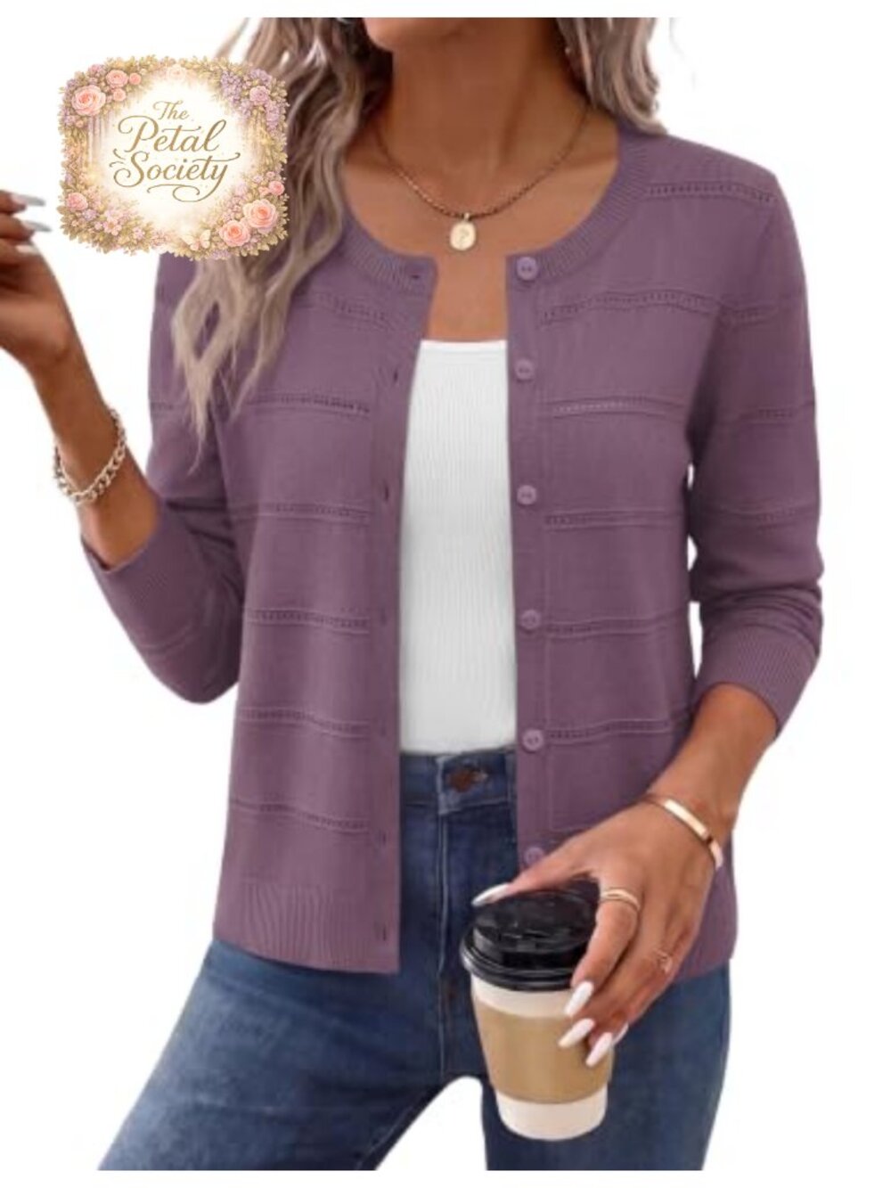 OFEEFAN Women's Cardigan Sweater Hollow Out Knit Crewneck Button Front